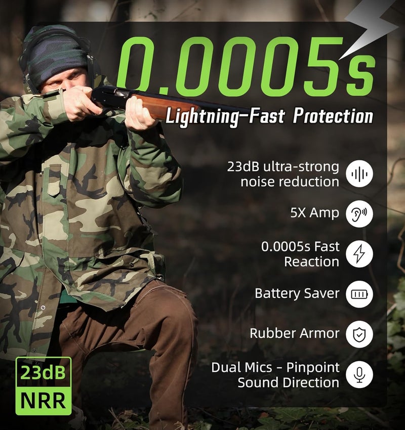 PROHEAR Digital Electronic Shooting Ear Protection 5X Sound Amplification Earmuffs, 23dB NRR Low Profile Noise Reduction Hearing Protection for Gun Range and Hunting, Green - Image 2